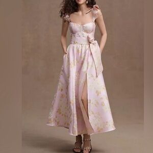 V. Chapman Vera Ruffle-Strap Corset Side-Slit Midi Dress
Size: 6